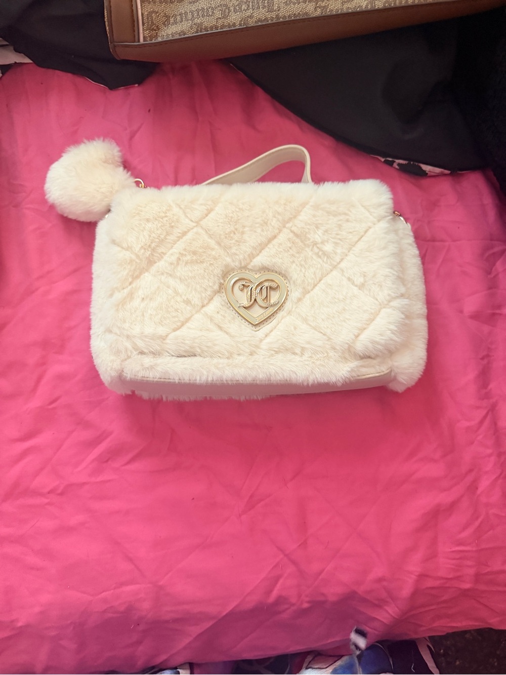 Juicy Couture Faux Fur Heart-Accent Shoulder Bag in Cream